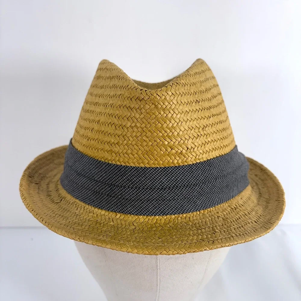 J.Crew Fedora Hat Tan Straw Grey Ribbon Band S/M Mens Summer Accessory